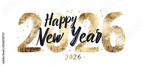 2026 Happy New Year Greeting – Black and Gold Brush Typography on White Background