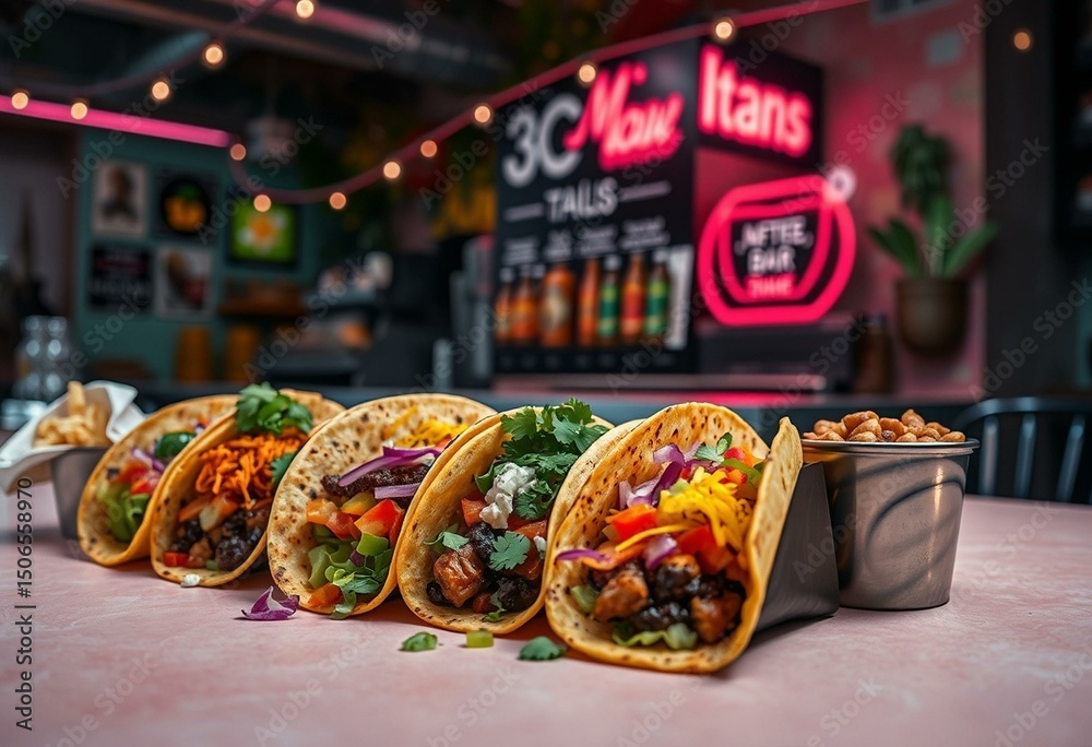 Obraz premium Brightly colored taco bar with rainbow-hued tortillas and fillings on a pastel background, dramatic lighting, deep shadows, and rich desaturated colors.