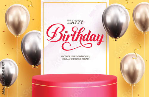 Birthday podium clipart design. Red podium stage with happy birthday greeting text, gold and silver metallic balloons decoration elements clip art for surprise party celebration platform vector 