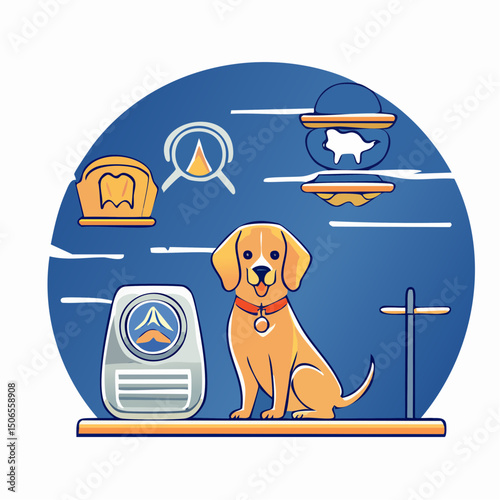 A modern vector illustration of smart pet care tools in action, including GPS tracking, feeding automation, and digital vet access.