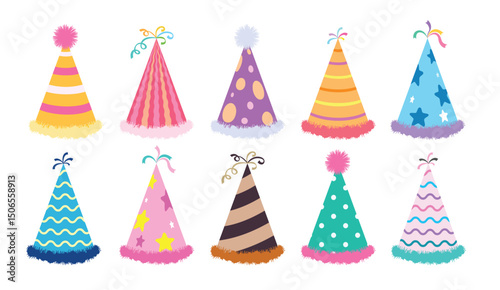Birthday party hat elements clipart set. Colorful party hat with printed and pattern clip art collection for birthday costume cone object cartoon design in white background vector illustration.
