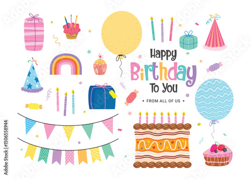 Birthday elements clipart set. Happy birthday colorful party elements clip art collection like cake, pennants, balloons, gifts, candles and typography text drawing object in white background vector 