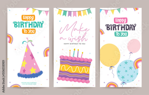Happy birthday greeting clipart poster set. Birthday greeting text and wishes with colorful party hat, cake, pennants and balloons drawing elements clip art collection in white rainbow background 
