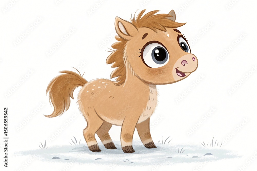 Obraz premium Adorable Cartoon Baby Horse Foal Cute Pony Illustration Happy Animal Portrait