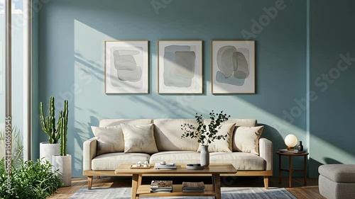 Stylish living room featuring modern art, sofa, and potted plants