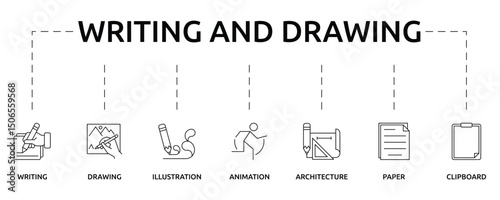 Writing And Drawing Banner with icon and keywords
