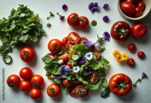 Flat lay of deconstructed salad ingredients on a bright tabletop, with dramatic lighting and deep shadows.