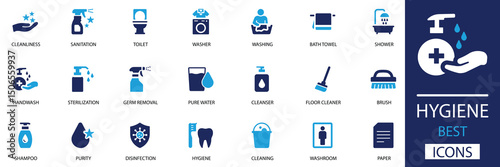 Hygiene icon set. Clean and minimal icons of soap, towel, toothbrush, shampoo, disinfectant, mask, wipe, detergent, sanitation, cleanliness, washer.