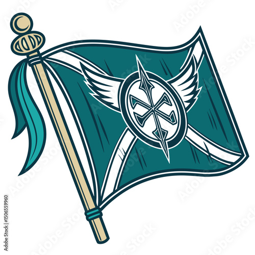 team banner waving deep teal and metallic accents