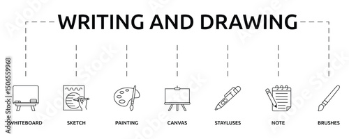 Writing And Drawing Banner with icon and keywords