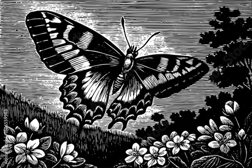 Butterfly flying isolated black and white hand drawn sketch