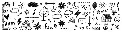 Hand drawn crayon chalk icon set. Cute flower, heart, cloud, star, crown and rainbow in colorful kid scribble style. Tree, house, smile, sun school sketch nature children design. Vector illustration