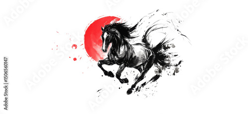 Ink Brush Horse with Red Sun – Asian Style Calligraphy Painting on White
