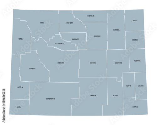 Wyoming, U.S. state, subdivided into 23 counties, gray political map with county names. State in the Mountain West region of the United States.