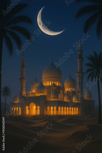 Mosque at night in a desert under the crescent moon 