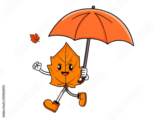 Cheerful Cartoon Leaf Character with Umbrella, Fall Season Fun Illustration, watercolor illustration