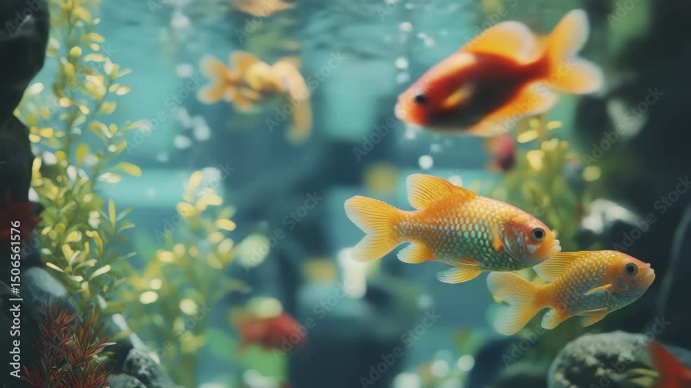 Two goldfish swim in a vibrant aquarium surrounded by plants, rocks, and bubbles. Two goldfish swim in a vibrant aquarium surrounded by plants, rocks, and bubbles.