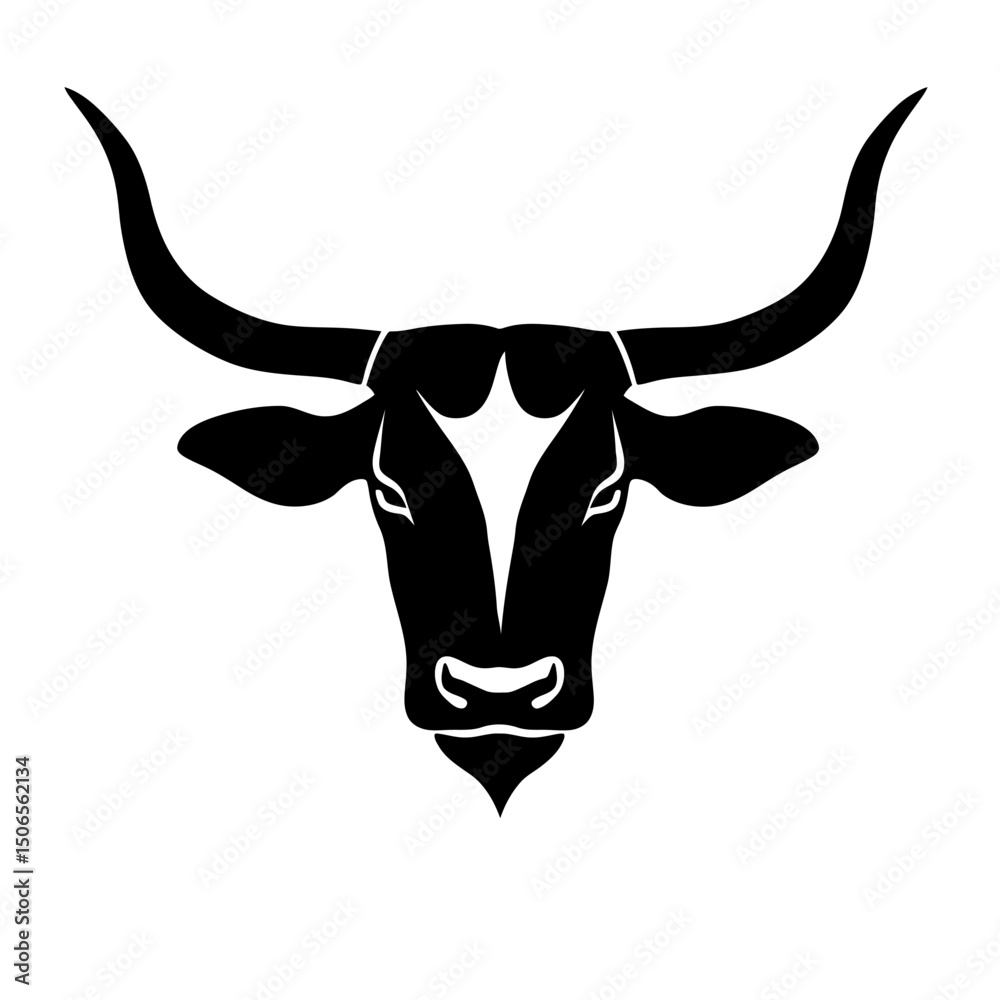 Fototapeta premium Black silhouette of longhorn cattle head with wide curved horns minimalist vector icon design isolated on white background for Texas and western themes