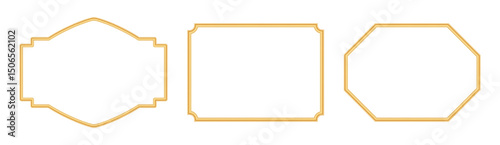 Collection of golden luxury frames. Ornamental border in oriental style, 3d realistic object mockup for photo frame, vintage rectangle beveled frame. Indian decorative element, morocco shapes. Vector