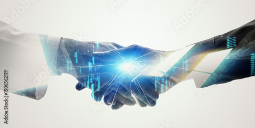 Collage of engineers shaking hands and digital technology. Wide angle visual for banners or advertisements.
