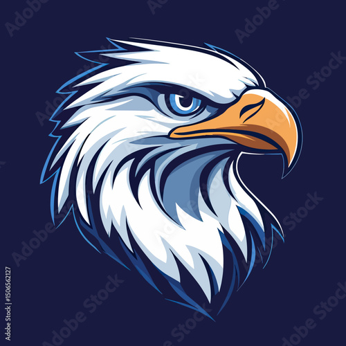 Fierce eagle head illustration with sharp gaze and prominent orange beak in bold flat minimalist vector style for esports logo design and branding