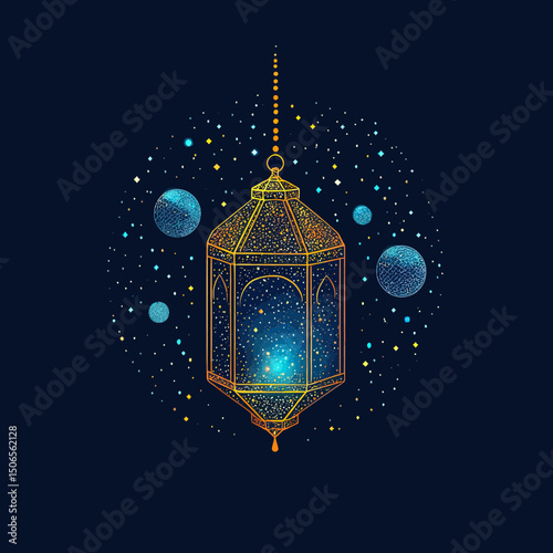 Golden Ramadan lantern with intricate filigree hanging against starry galaxy background with glowing planets and cosmic elements in dark space