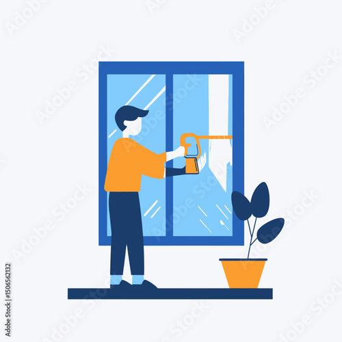 Man cleaning window glass using spray bottle and mop with plant pot on windowsill minimal flat vector illustration