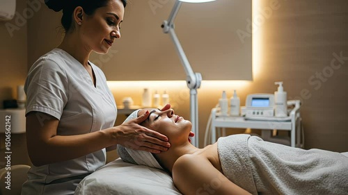 Woman receiving facial massage treatment at a beauty salon