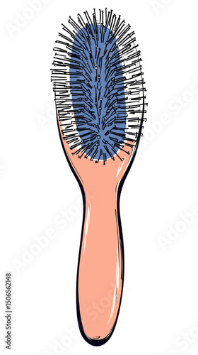 Flat minimalist vector illustration of hairbrush with wooden handle and black bristles for grooming and styling hair tool design