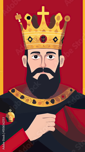 Flat minimalist vector portrait of medieval king with golden crown and luxurious royal robe on red background medieval monarchy and royalty design concept
