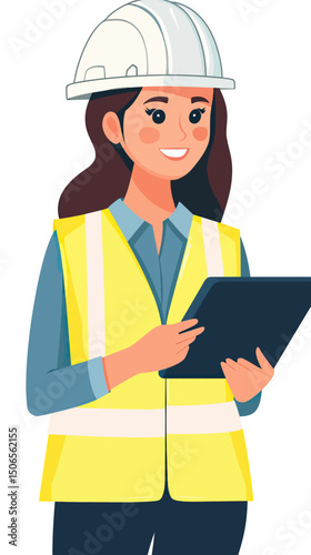 Smiling woman construction worker in yellow safety vest and white hard hat holding digital tablet flat vector illustration for industrial engineering and site management concepts