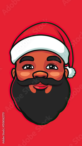 Black Santa Claus face with full beard and red hat smiling vector illustration in flat minimalist style on red background holiday Christmas icon