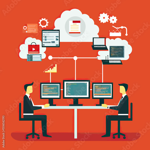 Business technology teamwork with two professionals coding on multiple monitors connected to cloud storage data center and security systems flat vector illustration