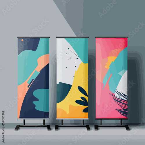 Colorful abstract full roll up banner set with modern geometric shapes and minimalist flat design vector templates for business display and presentation