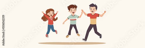 Happy children jumping together with joyful expressions wearing casual clothing flat minimalist vector illustration for family fun activities and friendship concept