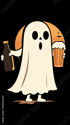 Cute ghost holding beer bottle and mug with froth in front of orange moon with bats Halloween beer party mascot vector illustration