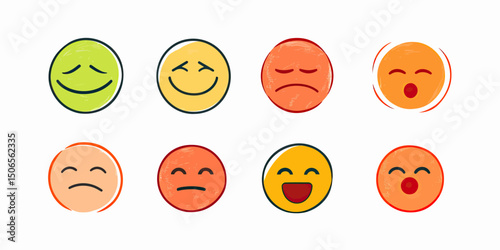 Set of colorful hand drawn smiley face emojis showing various happy, sad, surprised, neutral and excited emotions in flat minimalist style vector illustration