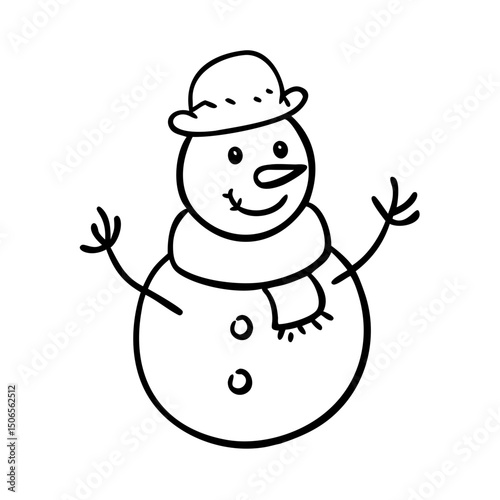 Snowman vector illustration wearing a classic hat and scarf, with a joyful expression, standing cheerfully in a winter landscape. Holiday season and festive cheer