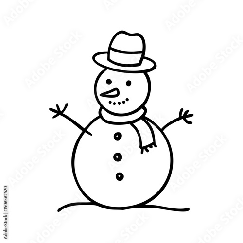 Snowman vector illustration wearing a classic hat and scarf, with a joyful expression, standing cheerfully in a winter landscape. Holiday season and festive cheer