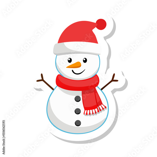 Cheerful snowman illustration wearing a red hat and scarf, with a bright smile, surrounded by a winter wonderland, perfect for holiday-themed designs and festive decorations