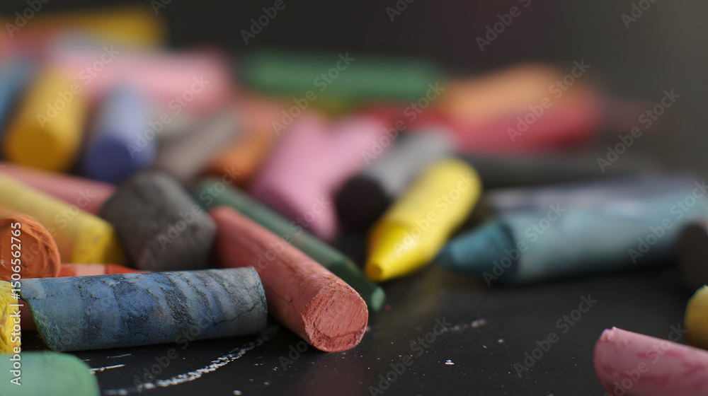 Obraz premium Colorful crayons scattered near blackboard, a playful burst of creativity in learning