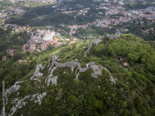 Beautiful aerial view to old historic Mooris Castle in green hill photo