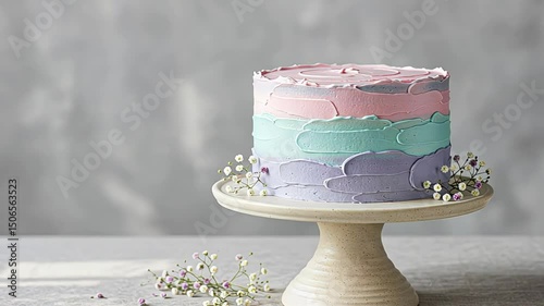 Frosted cake with pastel colors and floral decorations on cake stand