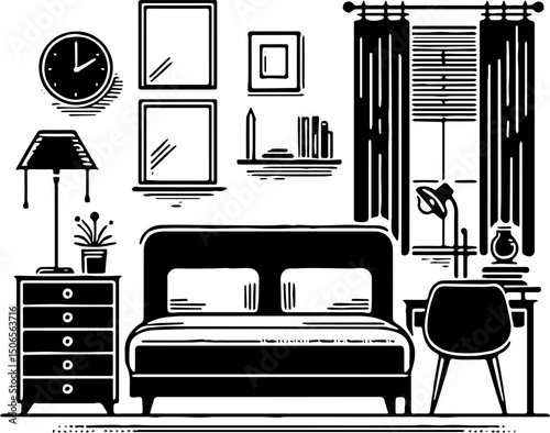 Silhouetted black and white drawing of a bedroom with bed, lamp, nightstand, and wall decorations in a simple style.