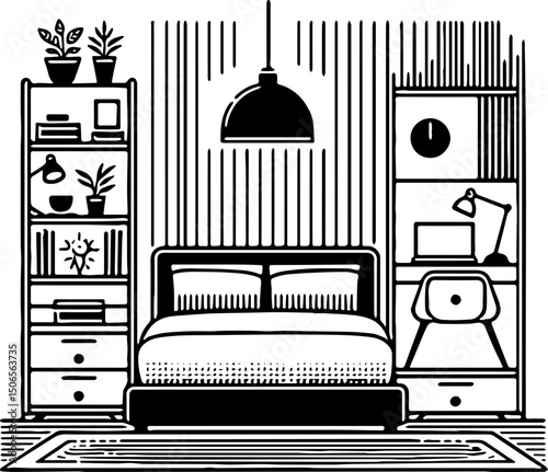 Detailed black and white vector drawing of a furnished bedroom including bed, shelving, desk, and chair in a stylized layout.