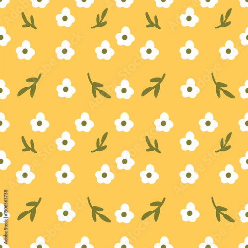 Seamless Yellow Floral Pattern with White Blossoms, Yellow Floral Seamless Pattern, Bold yellow background with scattered small white flowers. A charming seamless pattern for textiles, wrapping paper