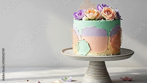 Elegant pastel cake with floral decorations on a ceramic stand