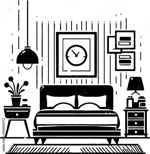 Minimal black and white silhouette of a bedroom interior featuring a bed, lamps, nightstands, and wall clock decorations.
