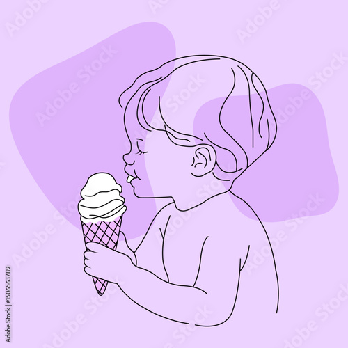 Child having ice cream minimal line art illustration