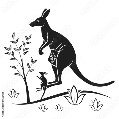 A black kangaroo silhouette vector illustration depicts the wild Australian mammal animal with a distinct tail, often seen jumping